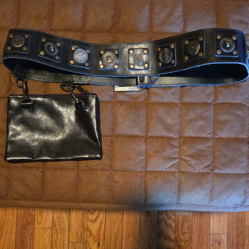 Dark Browish/Black Studded Leather-Like Belt with Detachable Small Bag - Picture 4 of 7